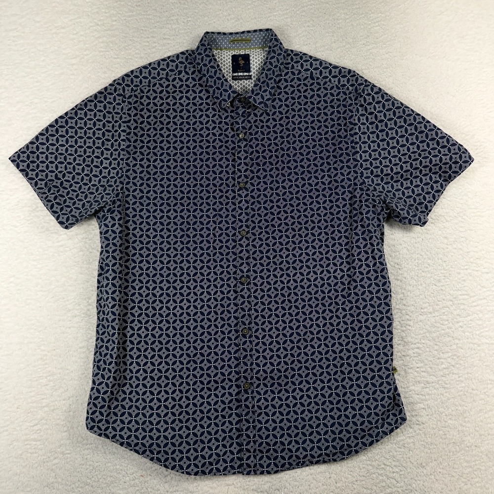 Denim & Flower XL Men Geometric Short Sleeve Blue Slim Fit Button Up Shirt